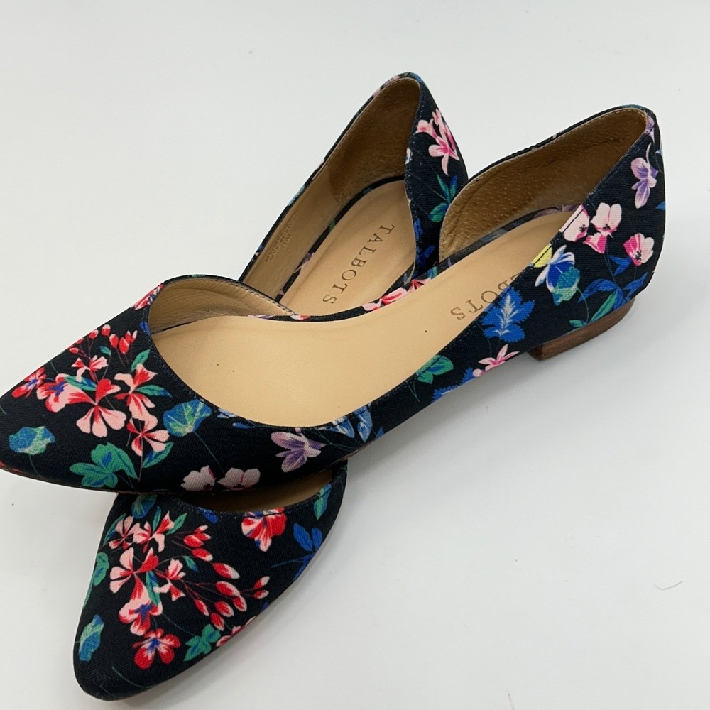 Talbots Floral D'Orsay Flats Black Pointed Toe Ballet Shoes Size 8 Elegant - Picture 8 of 9